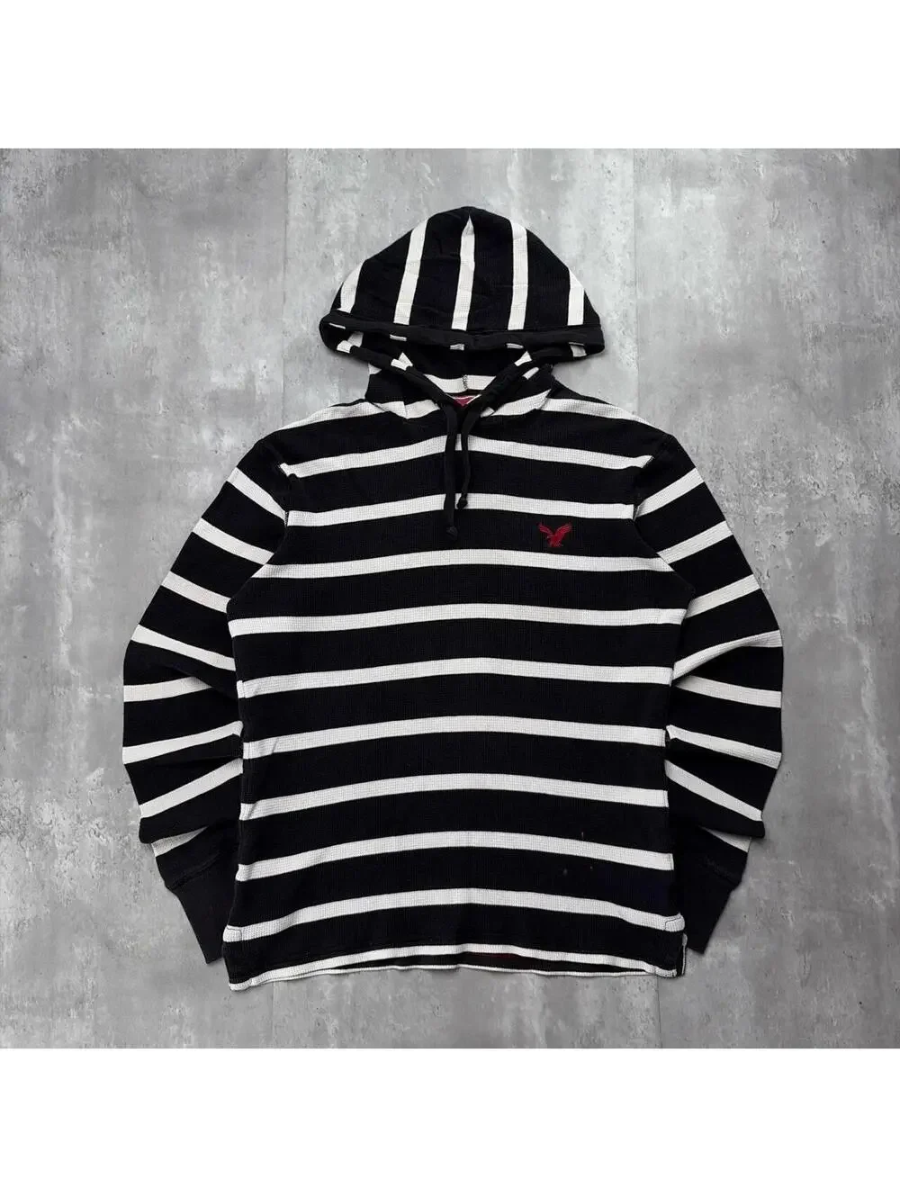 Y2K American Eagle Grunge Striped Distressed Thermal Hoodie